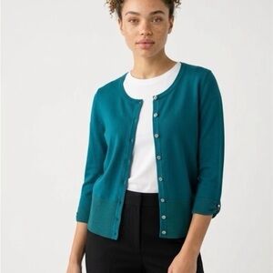 White House Black Market Teal Button-Front 3/4 Sleeve Cardigan Size 6